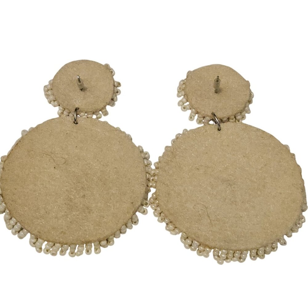 Cream Seed Bead Double Circle Dangle Drop Pierced Earrings - Picture 2 of 2